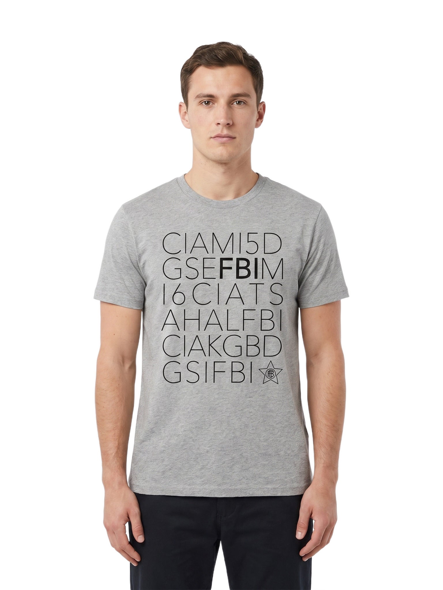 T-Shirt CIA MI5 DGSE FBI unisexe — Gris — porté